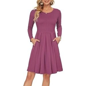 AUSELILY Women's Long Sleeve Pleated Loose Swing Casual Mauve Dress Pocket SZ L